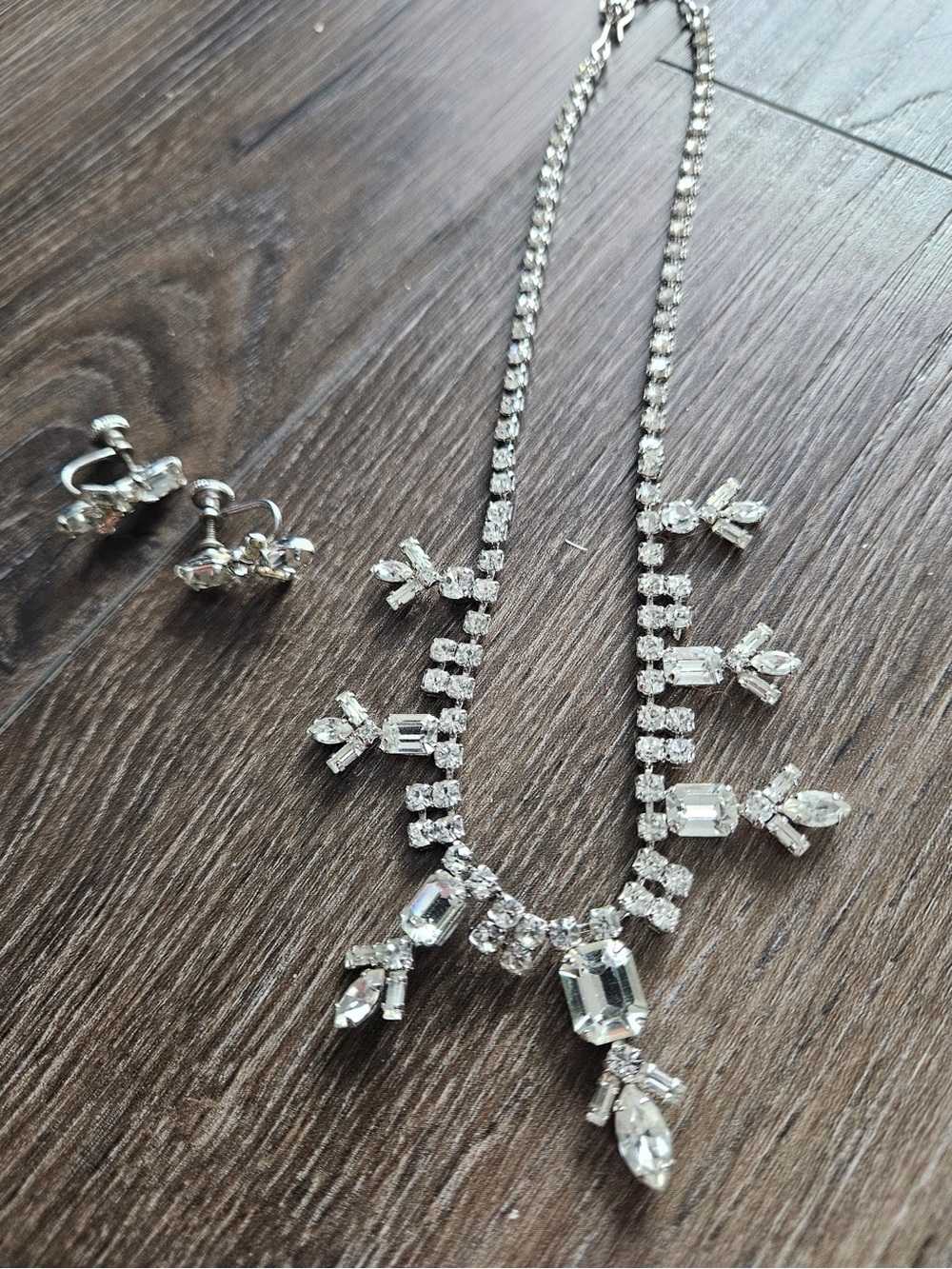 Vintage 1950s Rhinestone Festoon Necklace & Screw-Back Earrings Set